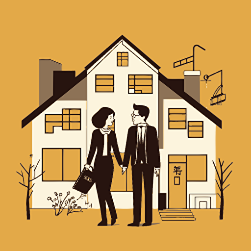 Simple illustration, real estate purchase, deal, math, house, two persons, black and white illustration, pure color background, vector, illustrator,