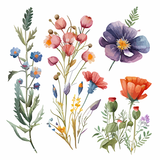 hand painted watercolor clip art of wild flowers, vector image