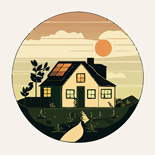 simple logo, vector small round sticker, small house with solar panels during sunset
