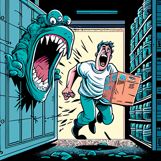 a terrified pharmaceutical factory worker followed by a monster folder, comics, vector.
