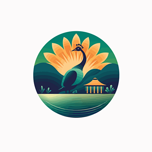 Beautiful abstract vector simple logo, low detail, luxury cabanas, cabanas are close to the top of a hill, the hill is next to a lake, there is a peacock in the roof of the cabana