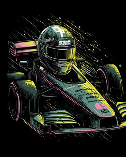 vector illustration a formula one race car in front of a man with one eye out, in the style of dark gray and green, andrzej sykut, light yellow and light pink, focus stacking, group f/64, joyful and optimistic, tagging-like marks
