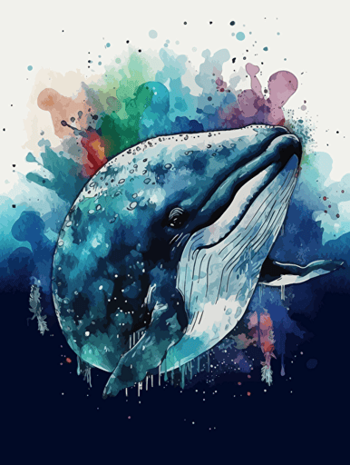 whale on round watercolor spot, vector,