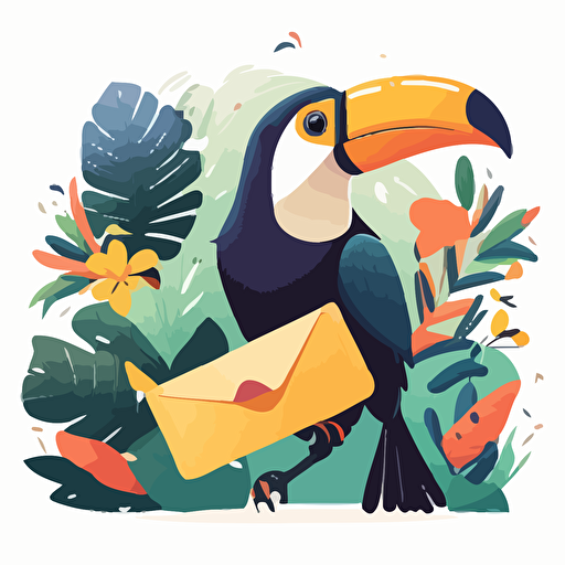 frontpage vector illustration of a smiling toucan with an envelope, for customer support online course, no background color, friendly and appealing, colorful