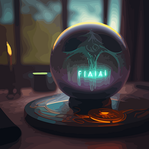 an illustrated scene of a magic ball with a figma logo inside on a table surface. vector, moody