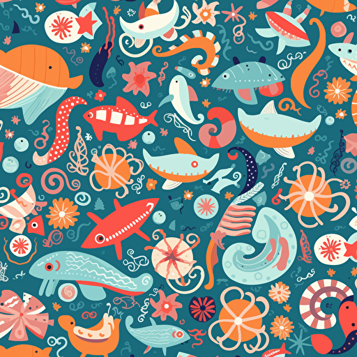 flat pattern featuring sea animals wearing beachwear in a cartoonish style, fun, playful, design should include octopus, sharks, fish, starfish, and stingrays, color scheme should be pastel and soft, whimsical and dreamy feel, vector, illustration