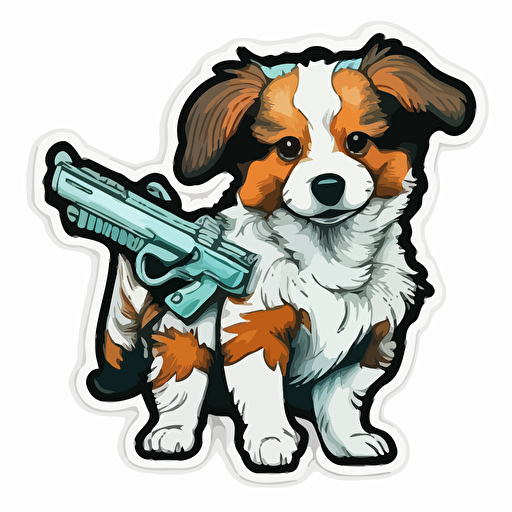 dog with pistols, Sticker, Hopeful, Tertiary Color, mural art style, Contour, Vector, White Background, Detailed, cut out