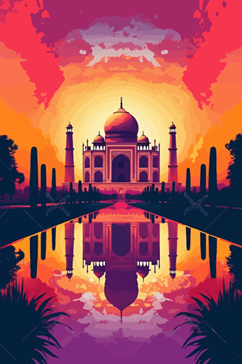 taj mahal, illustration, painting, colorful, sun in sky, front view, flat,vector