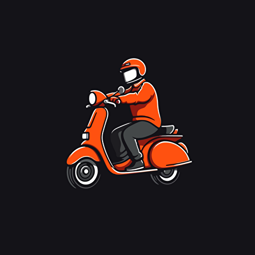 logo, minimal, simple, vector, flat, Vespa delivery, black background color, red Vespa, Orange skating helmet.