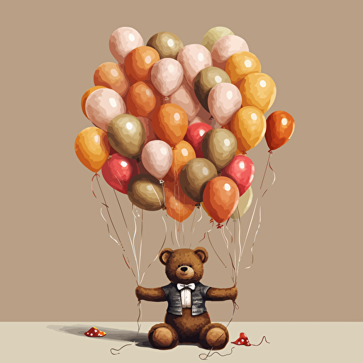 very cute teddy bear wearing bowtie holding 20 olive coloured balloons looking like he is floating away from all the ballons he is holding, ultradetailed, vector