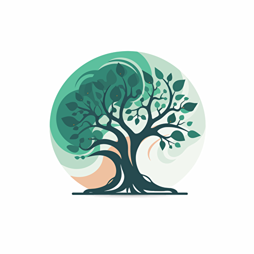 Creative mystery tree logo, flat color, white background, calm and soothing, center focus, vector, logofolio, minimalism