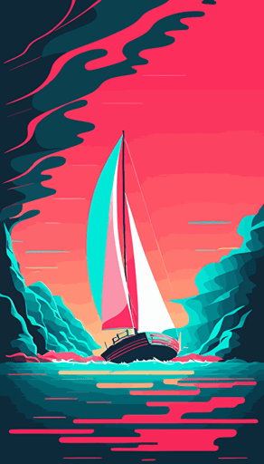 yacht on see, waves, flat abstract minimalistic vector style, vibrant neon colors, pink, light blue