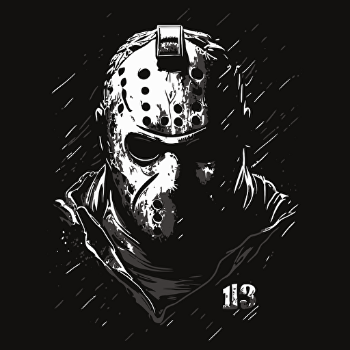 32bit jason Friday the 13th, white on black background, no shading, 2D, vector, 3:4