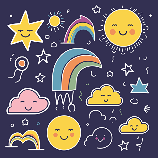 suns, moons, stars, rainbows, clouds, Simple vector drawing of a rainbow, clipart, basic shapes, solid colors, doodle, sticker design, lineart, 2d flat file, silhouette, svg cut file