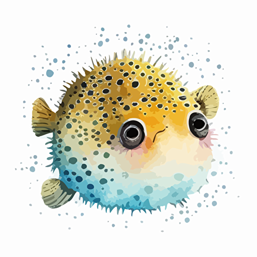 watercolor hand drawn pufferfish, cartoon style, vector