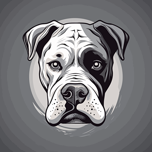 vector logo of American Bulldog, front facing. Dog has two front feet inside of running shoes. Black, white, and grayscale. Extra sharp detail.
