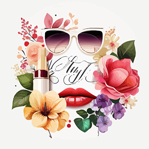 unique hyper detail flower themed logo including lip stick, sun glasses, and champagne, white background, vector