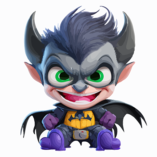 A saturated colorfull baby fur batman, goofy looking, smiling, white background, vector art , pixar style