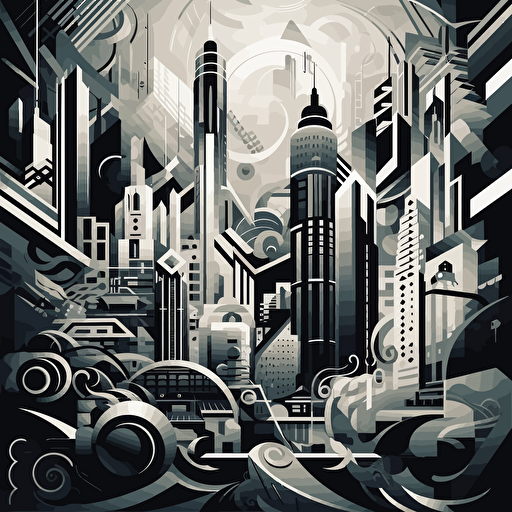 black art deco vector art, Graffiti art mixed with op art and pop surrealism, retrofuturistic sci-fi skyscraper, in the style of Victor Vasarely, Olivier Coipel, Iris Compiet, highly detailed, harsh angles and expressive line work, James Gilleard, Genndy Tartakovsky, Tamara de Lempicka, insane detail