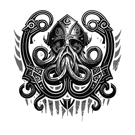 Retro futuristic iconic logo of viking octopus, black vector, on white background