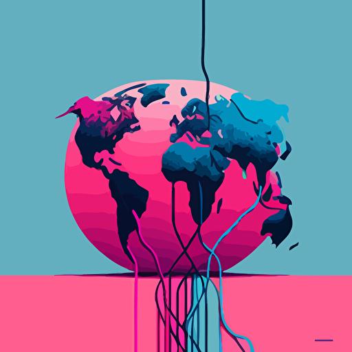 flat vector, world on wires, pink and blue
