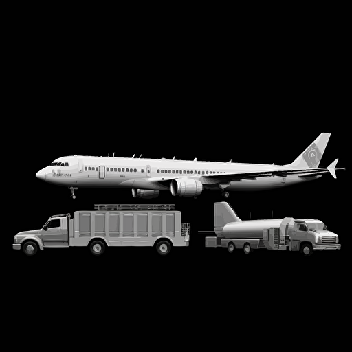 vector image, 1 vessel, 1 airplane and 01 truck side by side all white with black background.