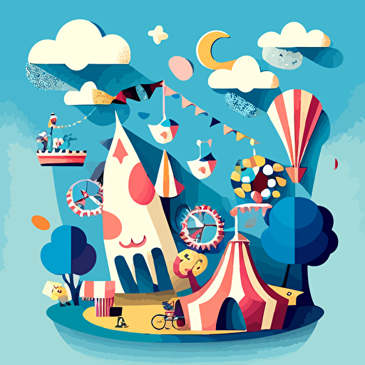 Based on Marc Chagall's dreamy compositions, design a vector illustration of a whimsical village fair where people and animals float in the air, enjoying various activities. Set the scene on a clear afternoon with a blue sky.