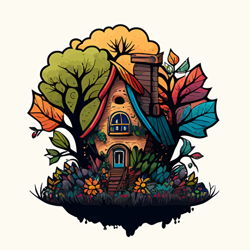 vector style, logo of a house. The top of the house is an attic bursting out from the building with a garden growing out of the top of the house. Cute cartoon, black outline colorful.