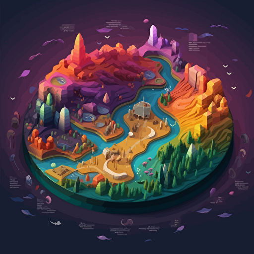visualize isomorphic data mapping, isometric, vector shapes, nature terrain theme, magical theme