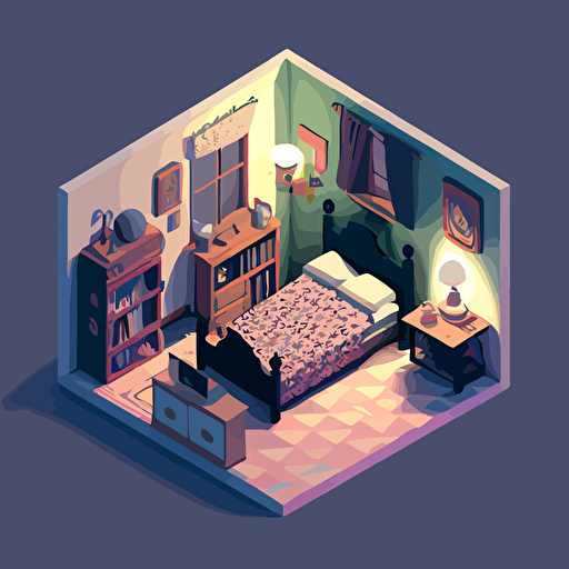 isometric bedroom, empty, vector art, dreamy