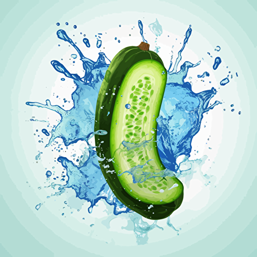 strong and healty cucumber, falling in water, splash around, illustration, vector, big cucumber with big smyle, use green magenta blue color, high details