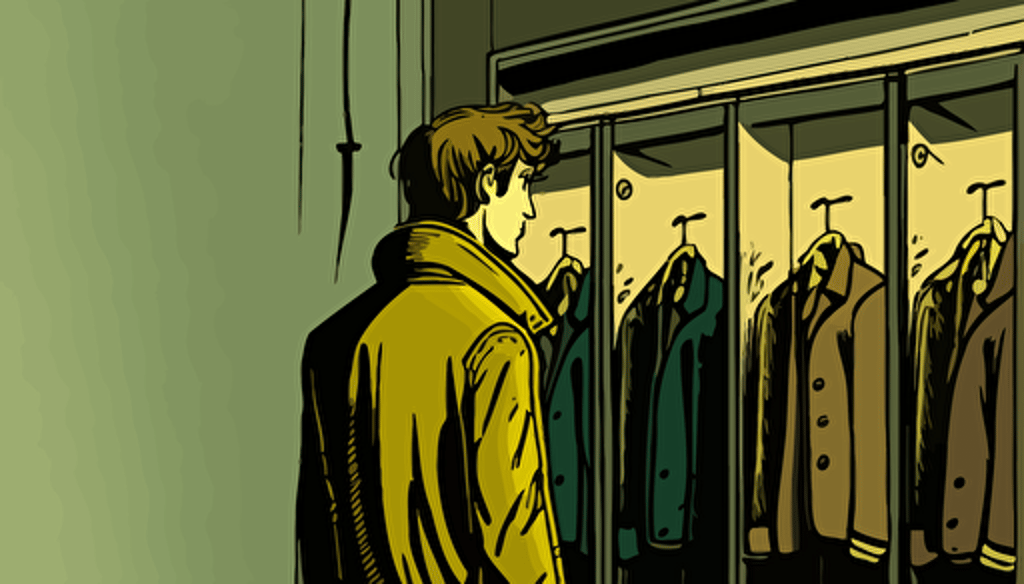 a guy is waiting curiously in front of the wardrobe of a fashion store, , illustrated, vectorized, comic style, 5 colors