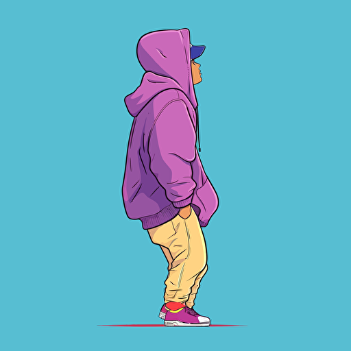student wearing hoodie looking up by tim lahan, flat colors, three quarter pose, 2d vector art