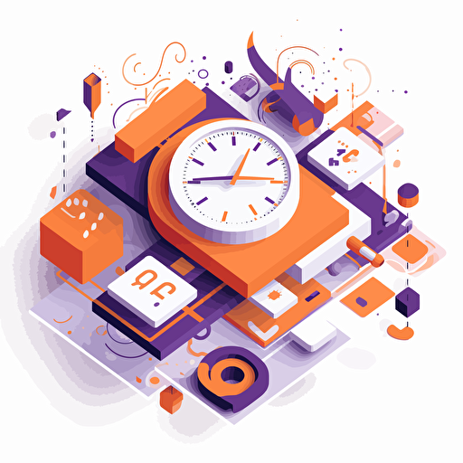 flat modern vector image of the concept of flexible schedules, complemenatry colours, bright orange and purple, high resolution, white background, creative visualization, detailed