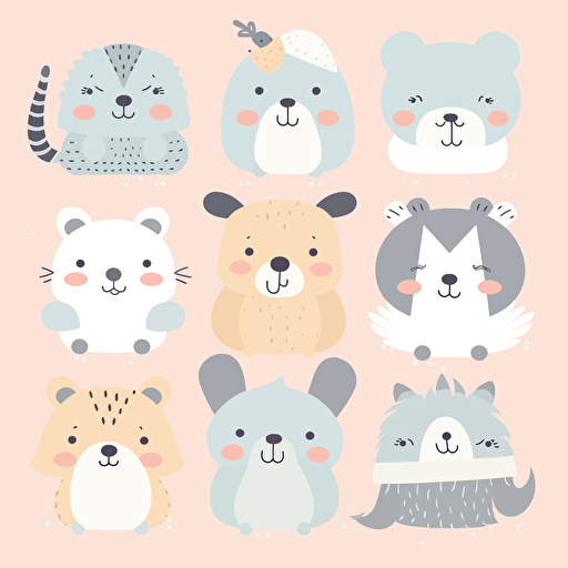A flat vector illustration of cute animal clip art in pastel colors, perfect for decorating a nursery or child's room