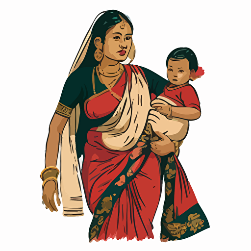vector style fullbody illustration of a bangladeshi rural mother in sharee carrying a one year old child. The background should be white.