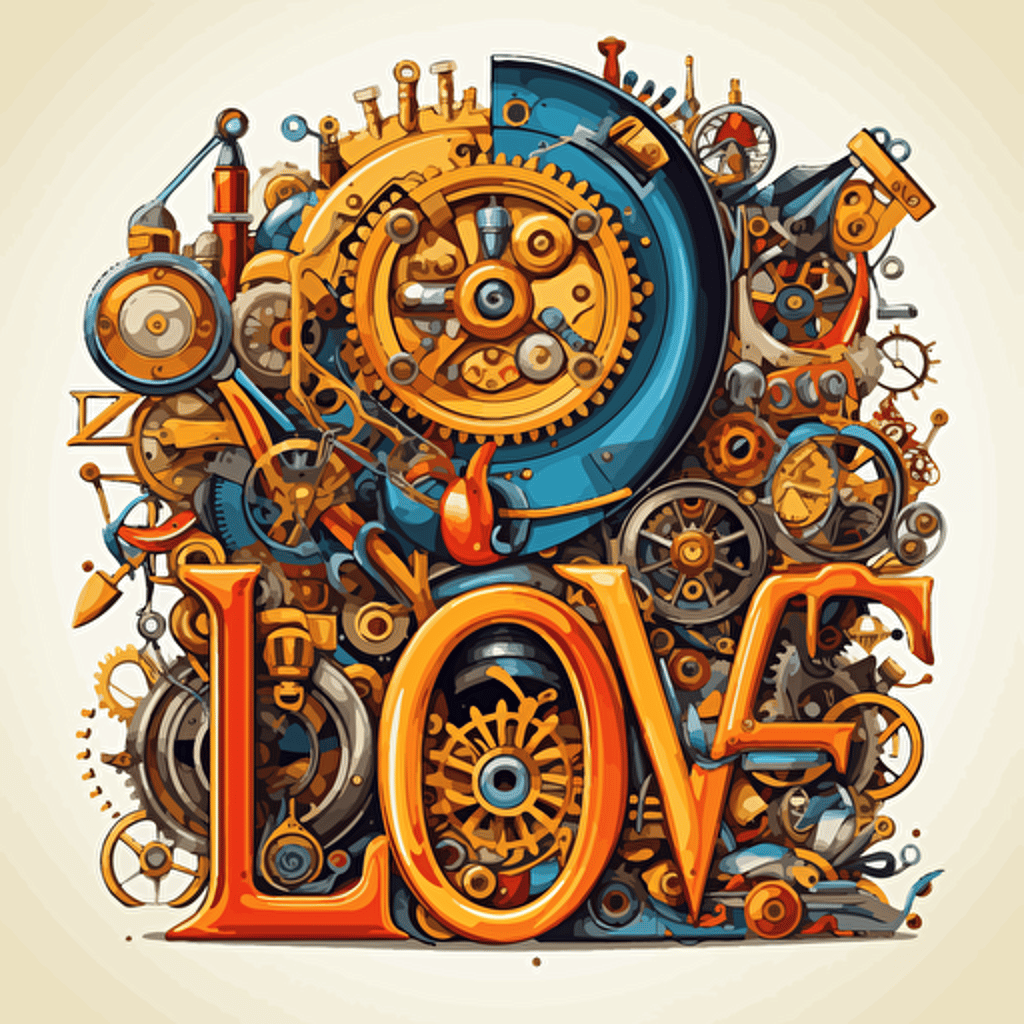 vector art of the word "love" being build, logo.