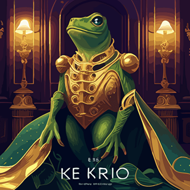 Influenced by the Art Deco style, create a vector illustration of KEK (in his frog form resembling Pepe the Frog) adorned in lavish golden armor, attending a grand ball. Set the scene in an opulent, geometric ballroom during a glamorous event. KEK casts a mysterious gaze upon the other attendee