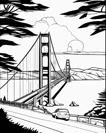 coloring page for children, Golden Gate Bridge and a view of North Bay, black and white comic book flat vector, white background