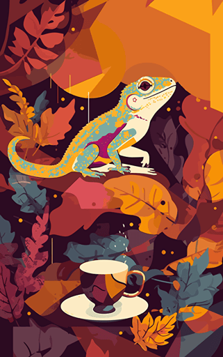 pop art collage illustration in the style of flat vector minimalism of an anthropomorphic lizard drinking tea in a rainforest cafe,