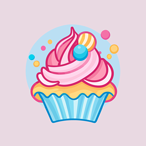 A dessert logo design, featuring a playful combination of pink, blue, and yellow colors, showcasing a whimsical cupcake with a swirl of frosting and sprinkles, evoking feelings of joy and sweetness, Illustration, digital art with a flat, vector style,