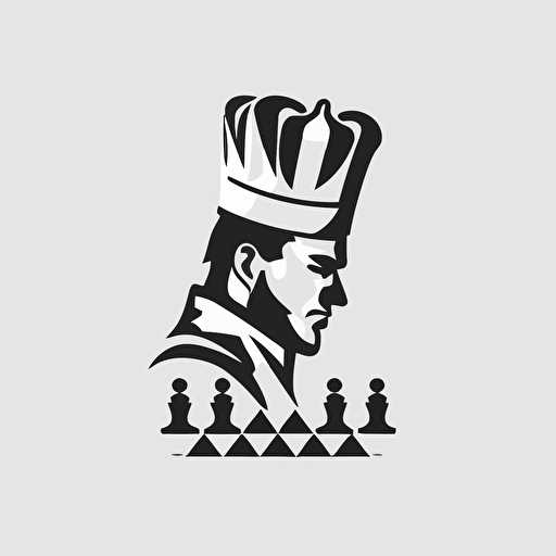 a minimal vector logo of a chess king with a chef hat, white background, black and white