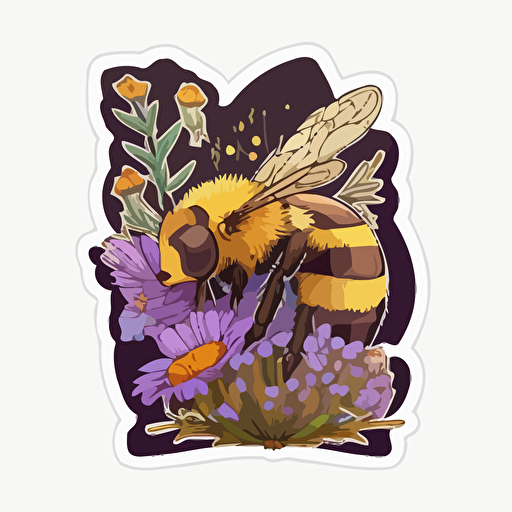Vector sticker style, transparent background, cute kawaii style, yellow and brown honey bee collecting honey off purple wildflowers