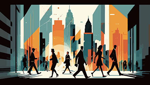 Corporate people walking, skyscrapers landscape, flat vector art style, very detailed, by Keith, vector illustration