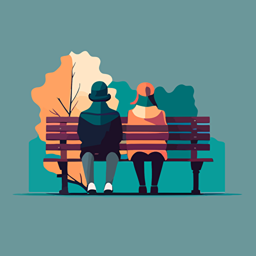 Flat vector of 2 people sitting side by side on a bench. Solid colours.