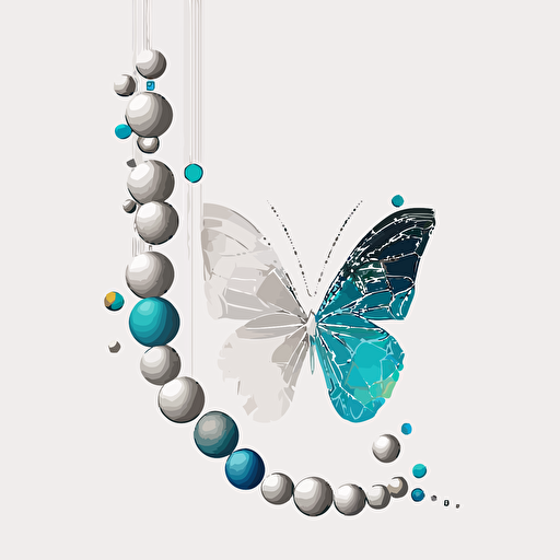 side profile of a butterfly landing on a bead necklace. simplistic art, vector style, white background. colors white, silver, blue and light blue