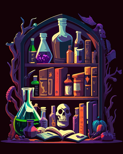 a vector cartoon style image of a bookshelf that has a few books on it and lots of bottles of witches potions