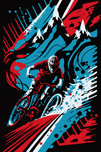 abstract mountain bike, blue, red and white colors, pop art deco illustration, hand vector art, black background,