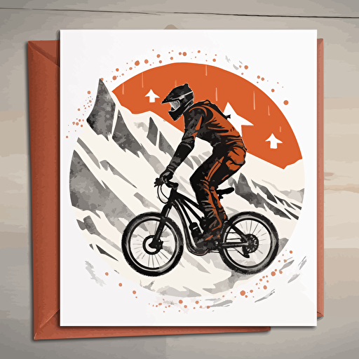 greeting card for a birthday, theme is related to burnout 3 takedown video games, mountain bike, skiing and motorsport, with a bit a switzerland and snow, modern style, cool, rider