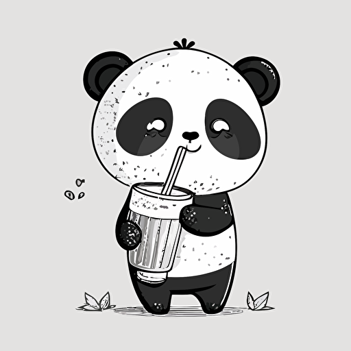 black and white cartoon illustration of a cute panda holding a drink in both hands, sipping out the straw, happy expression, vector,